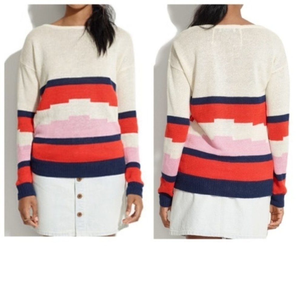 MADEWELL Linen Blockstop Stripe LINEN Aztec Sweater EUC sz S